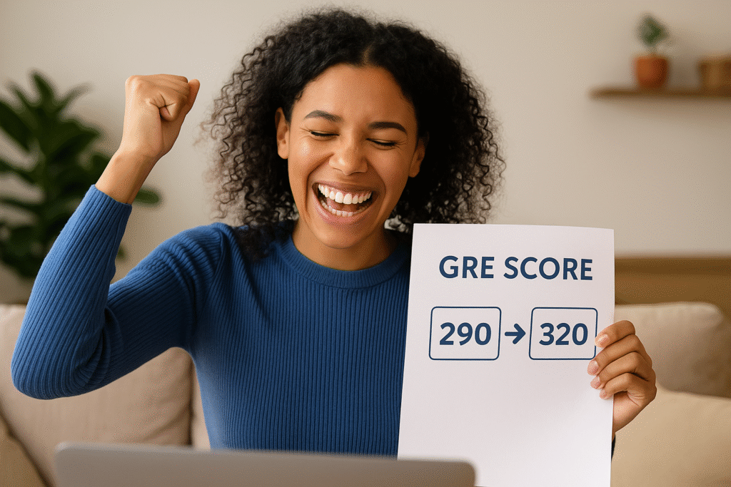 Student celebrating GRE score improvement from 290 to 320